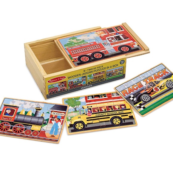 Melissa & Doug 4-in-1 Wooden Puzzles with Storage Box, Vehicles/Construction - Picture 3 of 6